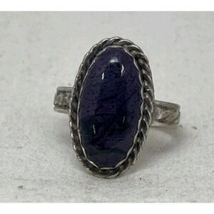 Vintage Sterling Silver signed PP Purple Cabochon Oval Ring Rope Bezel Size 8